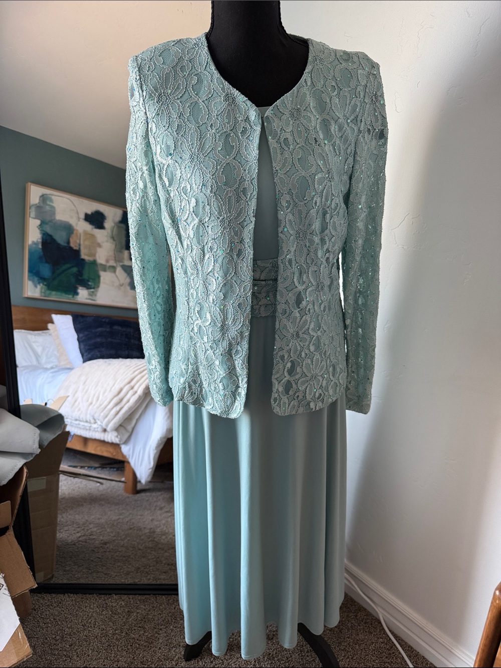 Jessica Howard Seafoam Lace Jacket with Matching Maxi Dress Set